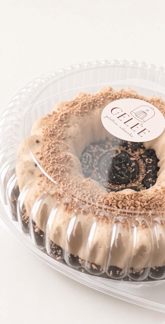 Gelée grande sabor Turín, en forma de rosca con chocolate rallado y galleta oscura, dentro de su envase redondo